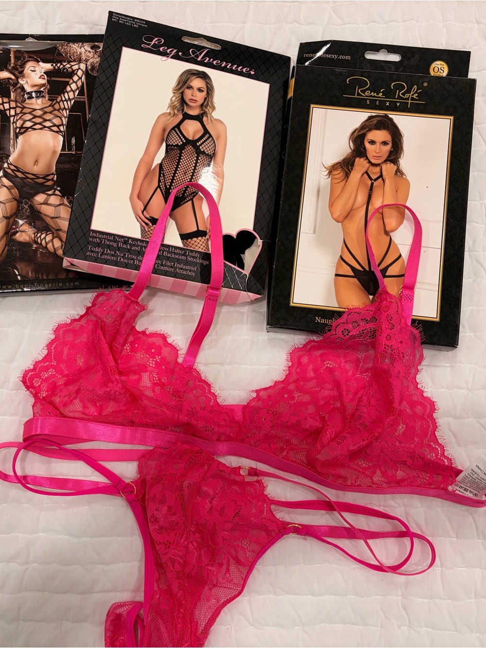 Leg Avenue Hot Pink Lace Bralette & Strappy Bikini Set